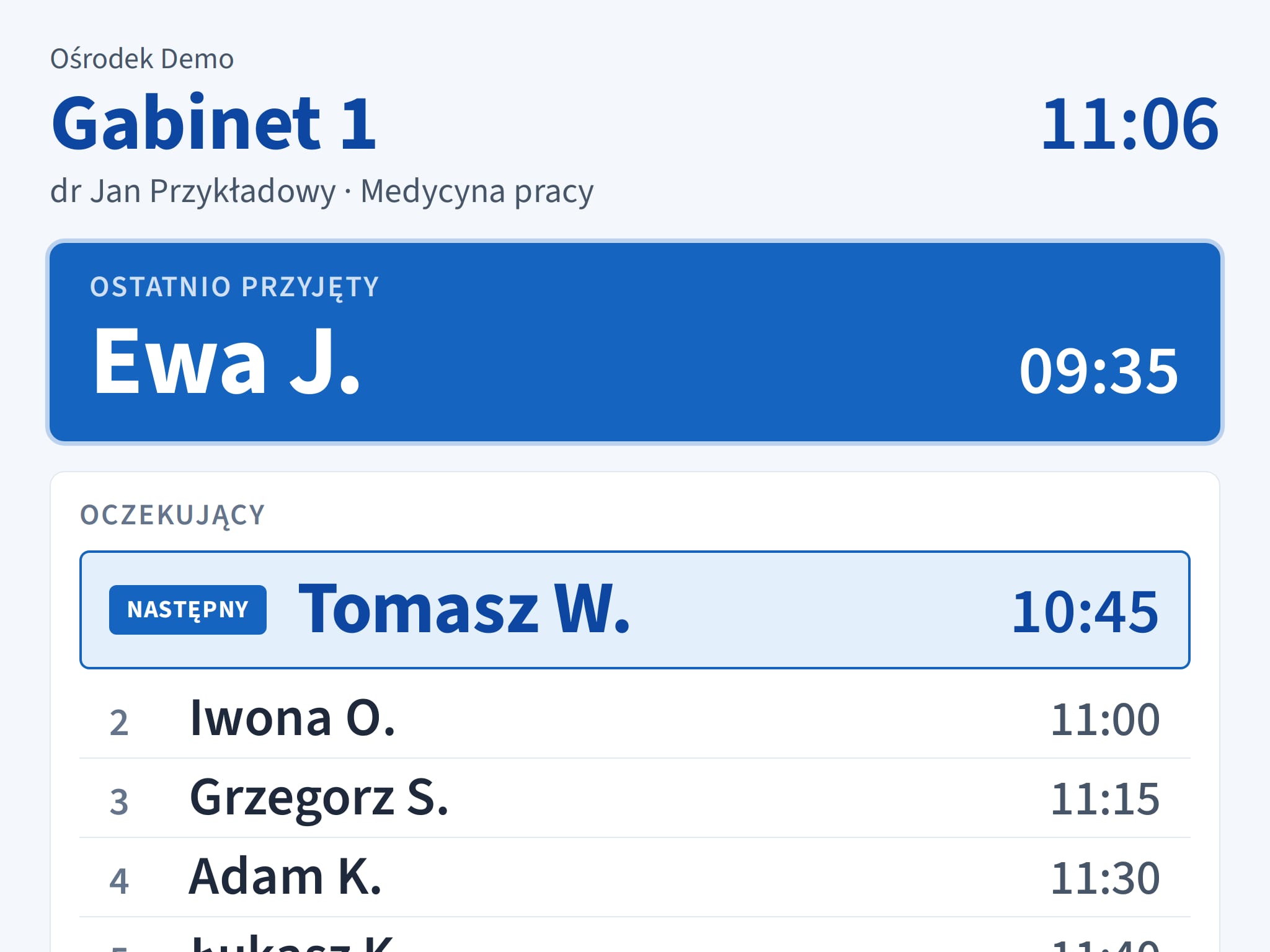 Ekran przy gabinecie na tablecie: ostatnio przyjęty pacjent i kolejka oczekujących