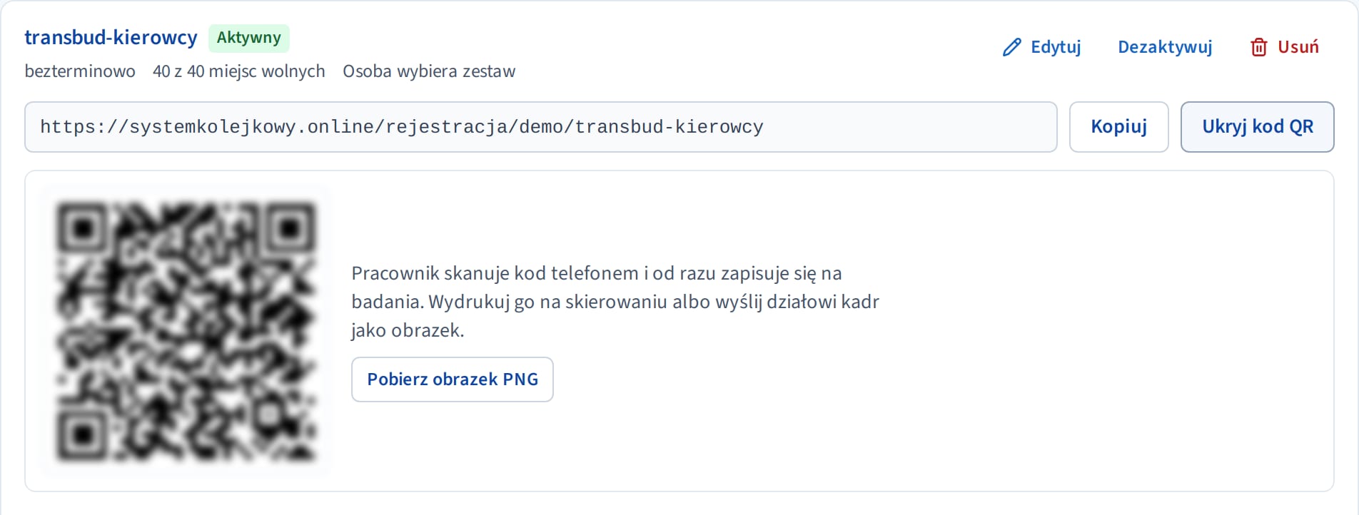 Kod QR linku do rejestracji firmy w zakładce Firmy, gotowy do wydruku na skierowaniu