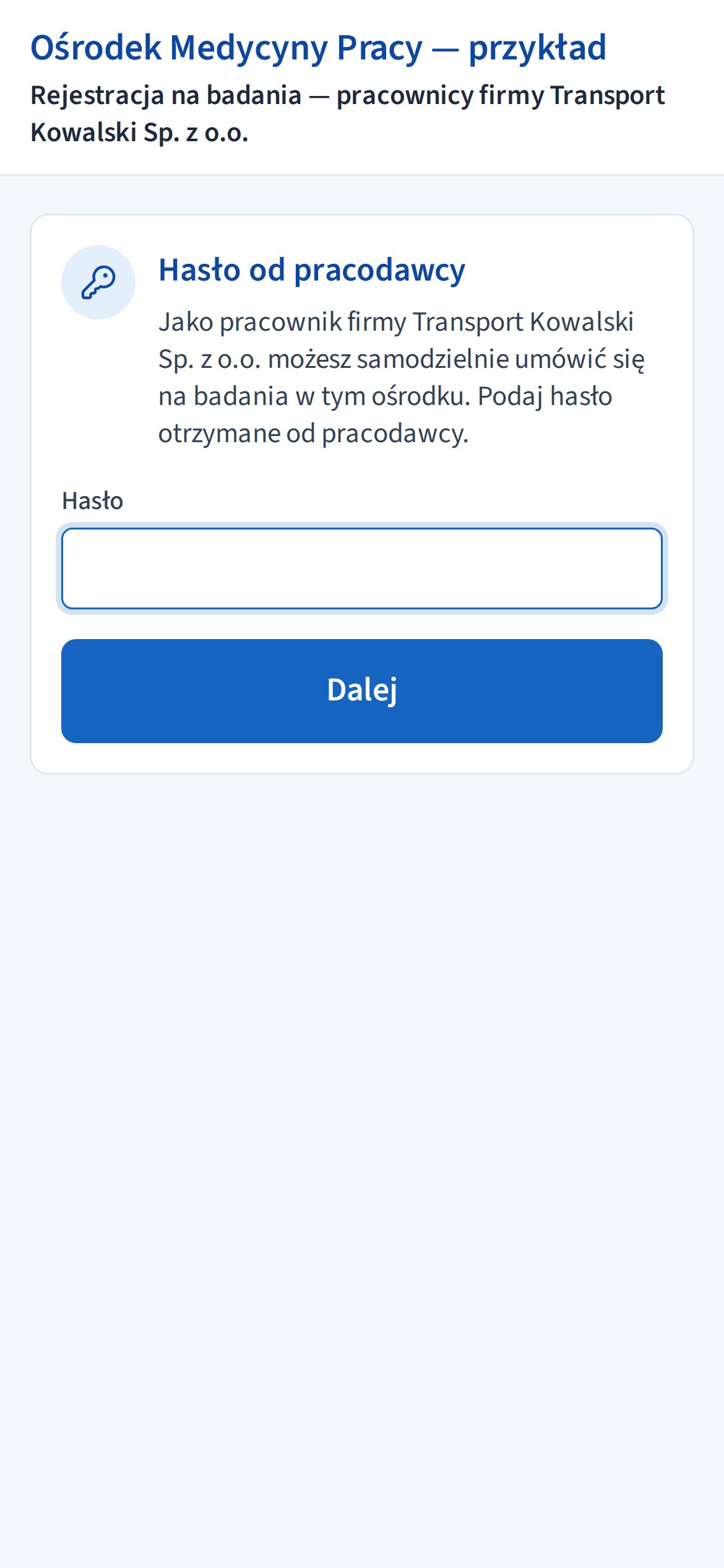 Strona linku z nazwą firmy i polem hasła od pracodawcy