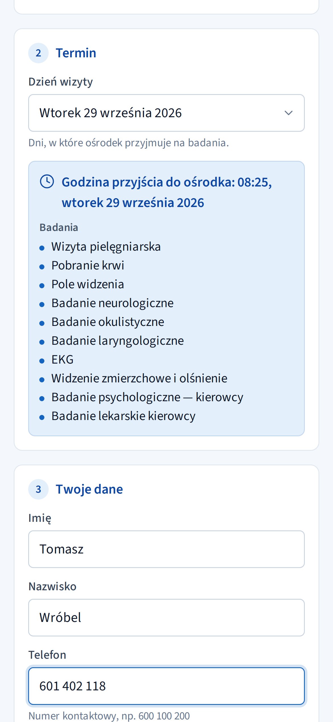 Rejestracja z linku w telefonie: wybrany dzień i godzina przyjścia do ośrodka